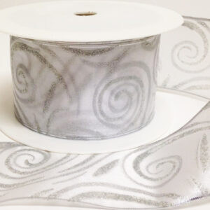 White sheer ribbon with silver swirl design