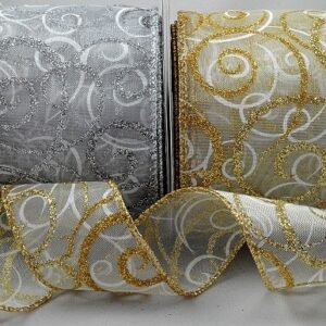 Lurex wire edge ribbon with glitter swirls