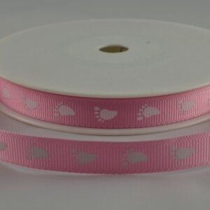 Grosgrain ribbon with white baby feet design available in Pink or Blue