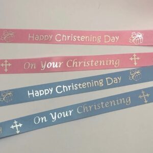 Happy Christening Day satin ribbon printed in silver 15mm x 1m