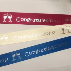 Blue satin ribbon with Congratulations! Printed in silver metallic 25mm x 1m