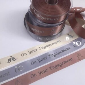 Satin ribbon with On Your Engagement printed in Rose Gold 25mm x 1m