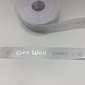 White satin ribbon with Get Well Soon printed in Silver 25mm x 1m