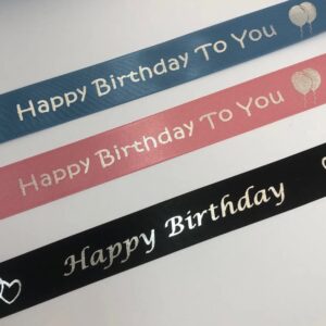 Happy Birthday Satin ribbon printed in silver 25mm x 1m