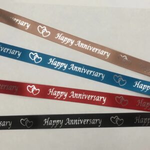 Black satin ribbon with Happy Annniversary printed in silver metallic 15mm x 1m