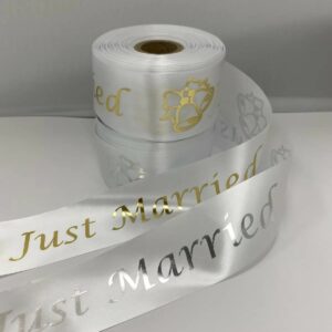 Just Married ribbon, Gold or Silver metallic on white 45mm polyester 50m roll