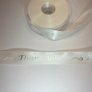 Ivory satin ribbon with Thank you printed in Gold or Silver 25mm x 1m