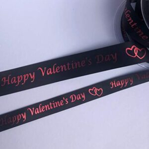 Black  satin ribbon with Happy Valentines Day printed in red metallic 25mm x 1m