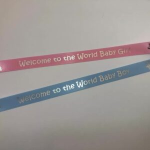 Satin ribbon with Welcome to the World Baby Boy or Girl printed in silver 15mm x 1m