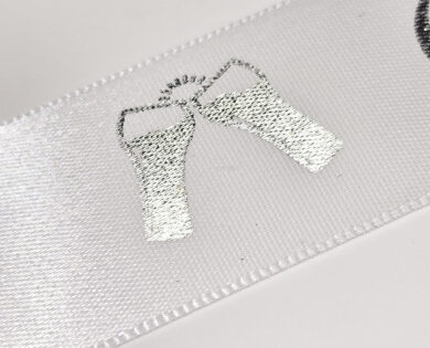 On Your Retirement white satin ribbon with a silver metallic print 25mm x 1m