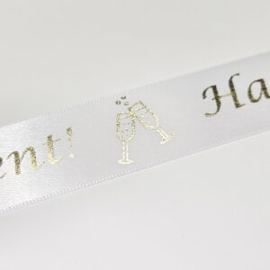 Happy Retirement white satin ribbon with gold metallic print 25mm x 1m